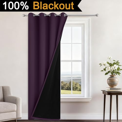 Image of Yakamok Purple 100% Blackout Curtains 84 Inches Long for Bedroom, 1 Panel | Blackout Curtain Panels for Bedroom, 2 Thick Layers Grommet Top Thermal Insulated Drapes with Black Liner for Living Room