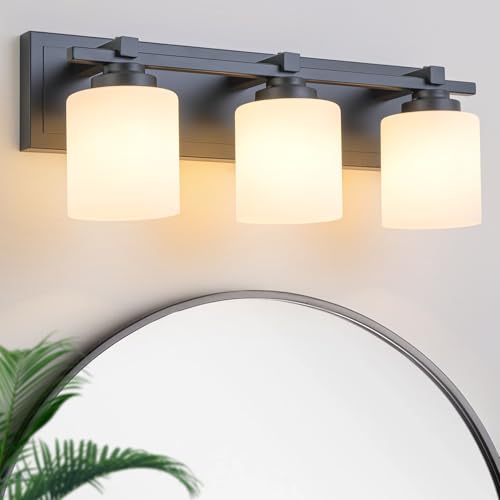 BrkNit Modern Bathroom Light Fixtures Over Mirror, Vanity Lights for Bathroom Wall Sconces with Milky White Glass Shades, E26 Socket (Bulbs Not Included), 3 Light, Black