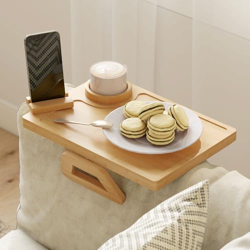 HOMCOM Bandeja para Reposabrazos para Sofá Flexible de Bambú, Bandeja de Brazo para Sofá con Portavasos Extraíble, Mesa Lateral con Bisagras y Soporte Giratorio 360° para Teléfono, Aperitivos, Bebidas