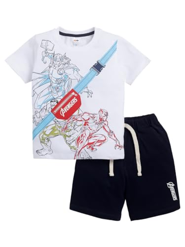 Image of LITTLE NINJA Pure Cotton Knee Length Half Sleeve Thor Printed Tee & Shorts Set - Blue 0-6M
