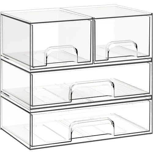 Image of Criusia Stackable Storage Drawers, 4 Pack Clear Plastic Makeup & Bathroom Organizer, Versatile Storage Bins for Vanity, Under Sink, Kitchen Cabinets & Pantry