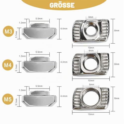 Foto von 184 Stück T Nuts T-Muttern M3 M4 M5 T-Slot Nuts Sortiment Kit aus vernickeltem Kohlenstoffstahl mit 4 Inbusschlüsseln für 20 Serien Aluminiumprofil