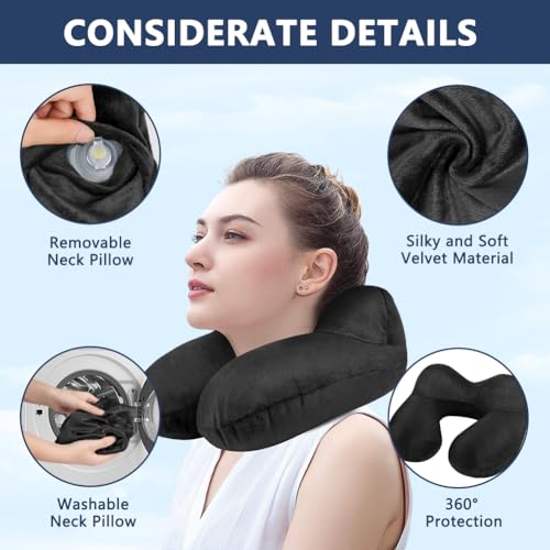 flintronic Inflatable Travel Pillow, Inflatable Travel Pillow for Airplane, Soft Velvet Neck Support, Lightweight Ergonomic Sleeping Neck Pillow for Airplane, Car, Train, Office, Camping (Black) - Image 2