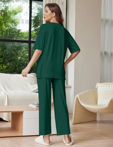 Image of Ekouaer Lounge Sets for Women Short Sleeve Tops and Long Pants Soft Comfy Pajamas Set 2 Piece Outfits