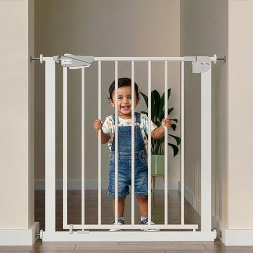 Image of Cherilo Baby Safety Gate for Kids & Pets (Fits 75-84 cm) | 1 Year Manufacturer Warranty | Pressure Mounted Safety Gate for Kids Home | Adjustable, Auto-Close, No-Drill Installation - White