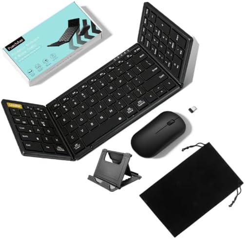 Universal Foldable Keyboard and Mouse with Travel Bag, Full-Size Portable Folding Wireless Keyboard Mouse Combo, Rechargeable Bluetooth for Laptop iPad Tablet, Android, Windows, iOS Compatible.