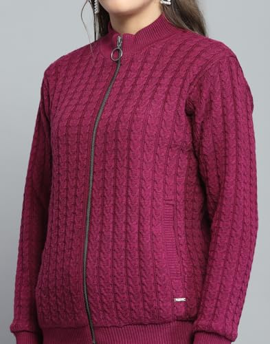 Image of Monte Carlo Womens Self Design Maroon Mock Neck Full Sleeve Jacket