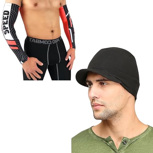 Image of Tomorrow Arm Sleeves and Skull Cap - UV Protection, Cooling Compression, and Sun Shield for Outdoor Activities, Arm sleeves for Riding, Cycling arm Sleeves Pack of 2 COMBO