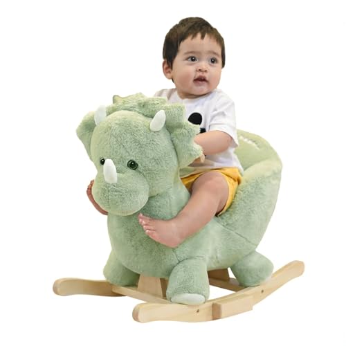 Rock My Baby Rocking Horse Green Dinosaur with Chair, Plush Stuffed Animal Rocker for Toddlers 1-3, Baby Rocker with Sweet Music, Wooden Rocking Horse...