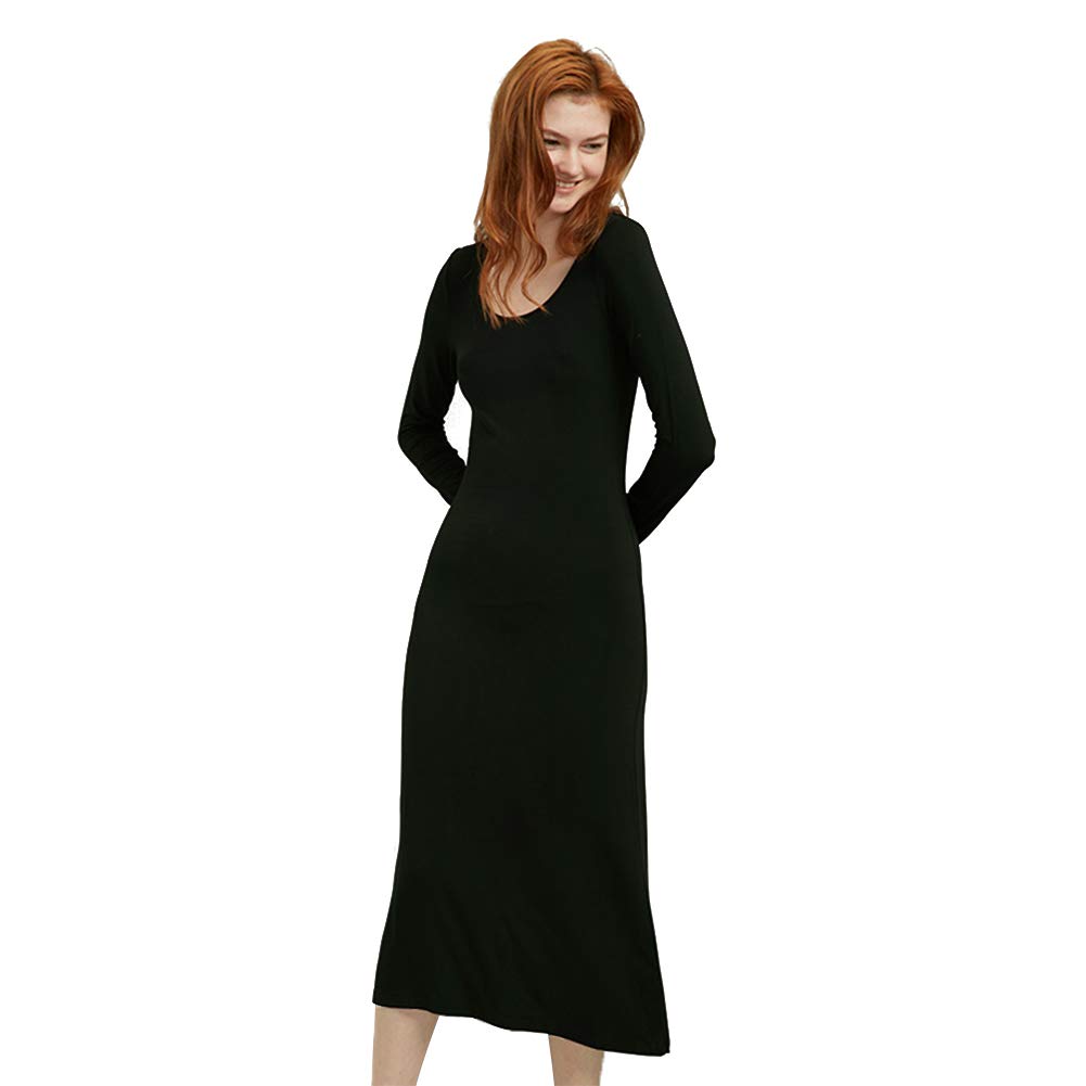 Modal Round Neck Women's Pajamas, Super Elastic Comfortable Soft Close-Fitting Bottoming Skirt Long Sleeves Mid-Length Black Inner-Fit Slimming Thin Winter Nightdress,M