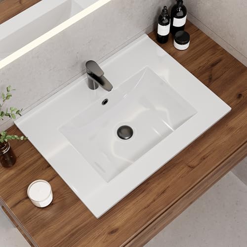 HOROW Lavabo encastré, carré, en céramique, 60 cm de large, blanc, pour meuble bas, avec trop-plein, idéal pour les toilettes d'invités et les petites...