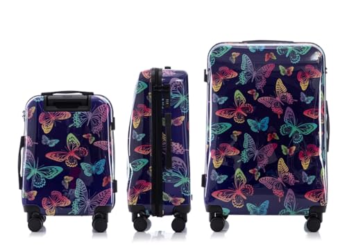Multi-color Design ABS Hard Shell Lightweight with 360° Dual Spinning Wheels & Combo Lock – Includes 28", 24", 20" 3-Piece Luggage Set (Butterfly)3