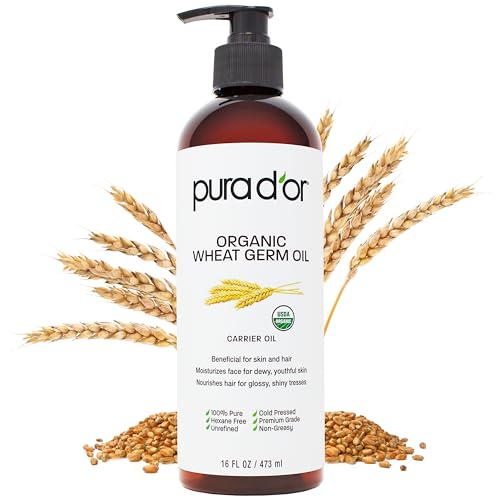 PURA DOR 16 Oz ORGANIC Wheat Germ Oil - 100% Pure & Natural USDA Certified Cold Pressed Carrier Oil - Vitamin E Rich Moisturizing & Nourishing Anti-Aging Properties - Healthy Hair Growth & Skincare