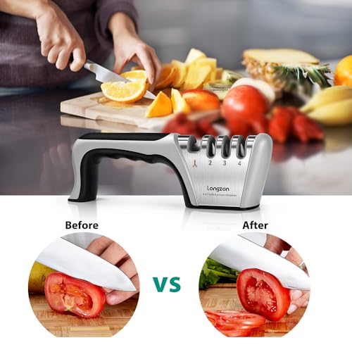 4-in-1 Knife Sharpener [4 Stage] with a Pair of Cut-Resistant Glove, Original Premium Polish Blades, Best Kitchen Knife Sharpener Really Works for Fruit Knife and Steel Knives, Scissors