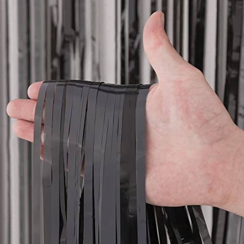 Image of Voircoloria 2 Pack Black Tinsel Foil Fringe Curtains, Black Party Decorations, Metallic Tinsel Party Streamers Backdrop for Birthday Halloween New Years Graduation Party Decorations