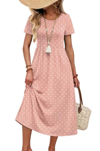 OFEEFAN Spring Summer Dresses for Women 2026 Crewneck Short Sleeve Flowy Casual Midi Beach Sundress with Pockets
