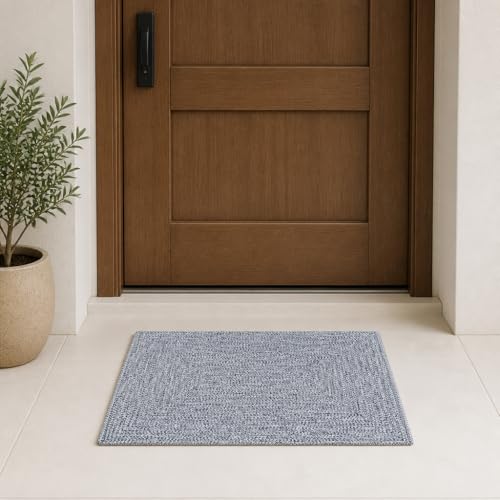 Image of Handmade Cotton Braided 40x60 cm Doormat Rug - Washable, Low Pile Reversible Floor Mat for Bedroom, Kitchen, Entryway & Living Room - Eco-Friendly Woven Carpet - (Light Blue, Rect)