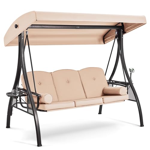Image of HOMREST 3 Seat Outdoor Porch Swing with 1.5 inch Deepened Cup Holder, Adjustable Canopy, Patio Swing Bed with Stand, Patio Glider Swing with Thicken Cushions, Pillow for Yard, Garden(Khaki)