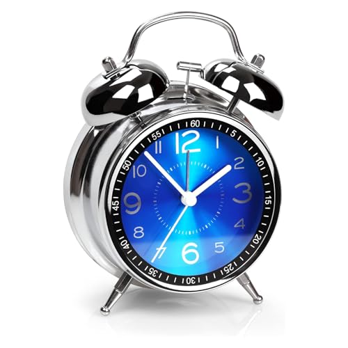 Super Loud Twin Bell Alarm Clock for Heavy Sleepers, 4 Inch Retro Analog Desk Clock with Silent Non-Ticking Quartz, Backlight & Metal Case, Battery Operated Bedside Clock for Adults, Kids & Bedrooms