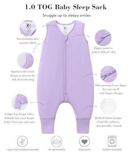 Image of Baby /Toddler Sleep Sack with Legs, Rayon from Bamboo 95% + 5% Spandex, 1.0 TOG, 2‑Way Zipper Sleeping Bag, Walker‑Friendly 6-12M Purple