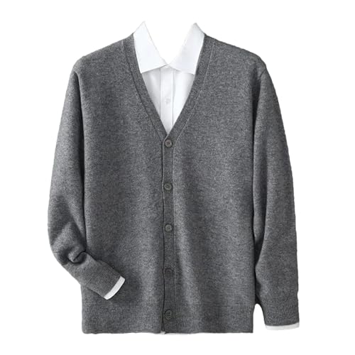 Men's V Neck Cardigan Sweater Single Breasted Loose Fitting Knitted Wool Sweater Tops Gray