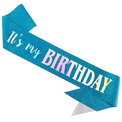 MUMUNN It's My Birthday Sash, Dazzle Foil Letter Glitter Blue Birthday Sash for Women Men Funny Bday Gifts Party Favors Photo Prop