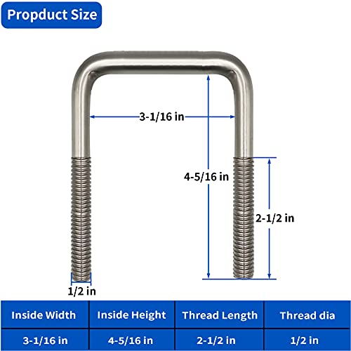 304 Stainless Steel Square U-Bolts Boat Trailer (1/2''Dx 3-1/16" W X 4-5/16" L)，U Bolt Fit 3" X 3" Square Trailer Frame(4Pcs) #TOP1