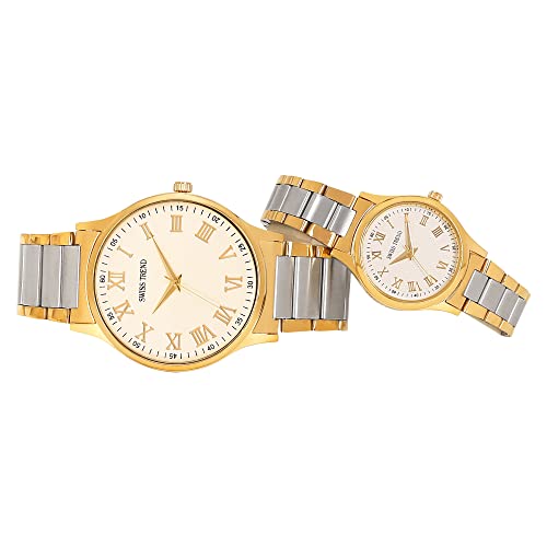 Image of Swiss Trend Analogue Men & Women's Watch (White Dial Silver & Gold Colored Strap) (Pack of 2)
