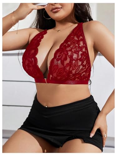Image of MakeMeChic Women's Plus Size Lace Bralette Front Closure Bras Wireless Deep V Triangle Sexy Lace Bra