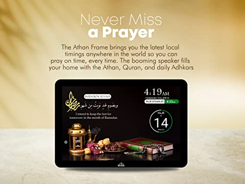 Masjidal 14" Digital Azan Clock with WiFi, Dynamic Touch Screen, Worldwide Prayer Times, Full Quran Player, Islamic Art, Streaming Halal Muslim Content: Duas, Dhikr, Hadith, Surah of The Day, Black