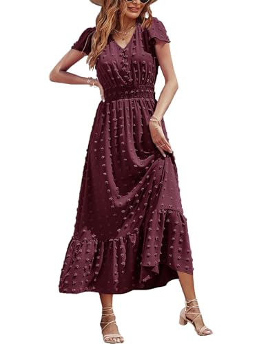 Image of CzzzyL Women Nursing Boho Maxi Dresses Cap Short Sleeve V Neck Swiss Dot High Waisted A-Line Ruffle Tiered with Pockets