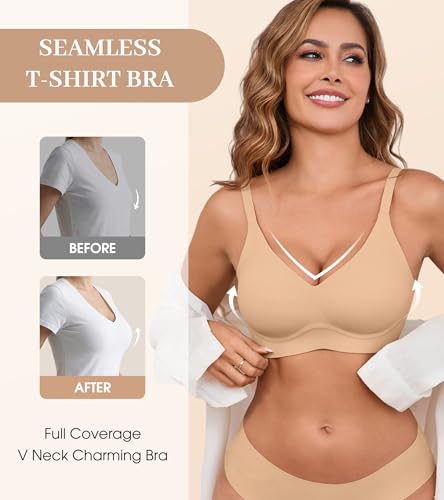 Image of DEANGELMON Seamless Bras for Women No Underwire Comfortable Push Up Bra V Neck Wireless Bralette Full Coverage Wire Free