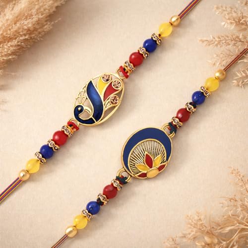 Image of Riddhika Ventures Stylish Kundan and AD Ring Rakhi (Set of 2) with Roli Chawal and Greeting Card || Raksha Bandhan Traditional Festive Gift Pack For Bhaiya Bhabhi