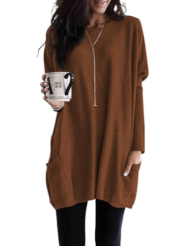 Poetsky Fall Womens Tunic or Tops to Wear with Leggings Long Sleeve Casual Long Shirts with Pockets2