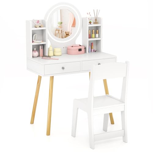 GYMAX Kids Vanity Table and Chair Wooden Girls Dressing Tables with 2-Color LED Lighted Mirror 2 Drawers and Storage Shelves Children Makeup Desk Set for 3 Years Old+ (White)