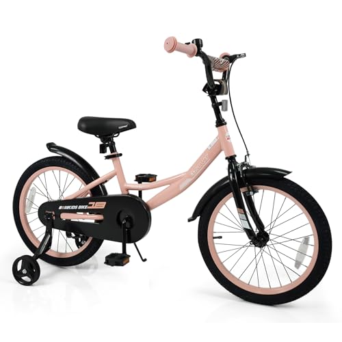 COSTWAY Kids Bike, 18 Inch Toddler Bicycle with Removable Training Wheels, Dual Brakes, Adjustable Seat & Handlebar Height, Girls & Boys Bikes for 3-8 Years Old (Pink,18 Inch with Kickstand)