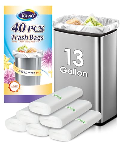 13 Gallon 40 Count Tall Kitchen Trash Bags 10 Gal 12 Gal 13 Gal fit 50 Liters Garbage Bags by Teivio Waste Basket Bags Bathroom Trash Can Bin Liners Plastic Bags for home office kitchen Clear