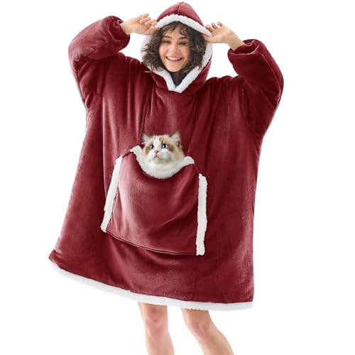 JOYWOO Wine Red Wearable Blanket Hoodie,Oversized Cat Lovers Sweatshirt Blanket for Adult & Teens,Birthday Gifts for Women Men Mom Girl Boys,Cozy Sherpa Blanket Giant Pocket Gifts,Burgundy Small