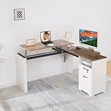LayBurst 55" Farmhouse L-Shaped Desk with Lift Top,Movable Monitor Stand,L Shaped Standing Office Desk with Lockable Drawer & Adjustable File Drawer,Lift Top Computer Desk with Power Outlets