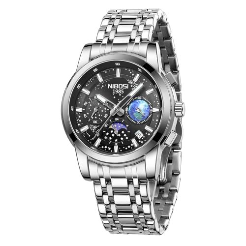 Image of NIBOSI Watches for Man Analog Quartz Classic Square Silver Minimalism Design Men Watches Stainless Steel Band Wrist Watch Day-Date Waterproof