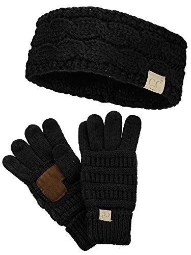 C.C Children's Kids' Cable Knit Ear Warmer Headband and Touchscreen Gloves Set