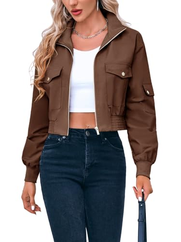Fisoew Women's Fashion Cropped Bomber Jacket Long Sleeve Zip Up Stand Collar Jacket Coat with Pocket