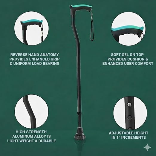 Image of MCP Jindal Premium Height Adjustable Walking Stick (Black) (Thunderbolt-Dynamo-Black)