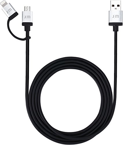 Just Mobile AluCable Duo Long Utility Cable with 2.4A High Speed Aluminum Lightning Connector for iPhones, iPads, and iPods, Black/Silver (DC-169)