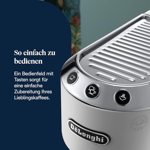 Foto von De'Longhi Dedica Style - Perfetto Kompakte Siebträgermaschine Espressomaschine mit Tasten, manuellem Milchaufschäumer für Espresso und Cappuccino, ESE Pad geeignet, 15cm breit, Weiß (EC685.W)
