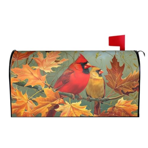 Image of Fall Birds Mailbox Cover Magnetic, Autumn Maple Leaves Chestnut Tree Mailbox Wrap, Standard Size 21x18 Inch Waterproof Letter Post Cover for Garden Yard Outdoor Seasonal Decor