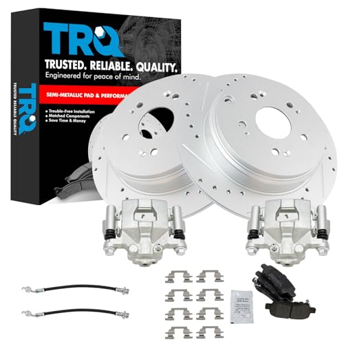Image of TRQ Performance Rear Brake Pad and Rotor Set Semi Metallic Slotted Drilled | For 2013 Nissan Altima
