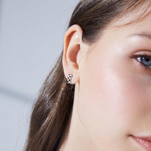 Generic Hoop Earrings for Women Trendy - Checkered Earrings Dainty Silver Earrings White Black Enamel Minimalist Hoops Cubic Zirconia Huggie Earrings Gift for Girls Teens2