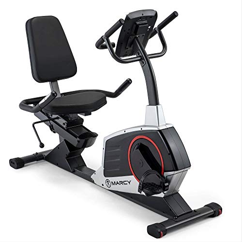Image of Marcy Regenerating Recumbent Exercise Bike with Adjustable Seat, Pulse Monitor and Transport Wheels ME-706