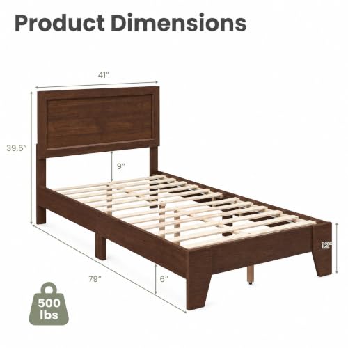 Image of GIANTEX Twin Size Wooden Bed Frame with Headboard, Wood Slat Support